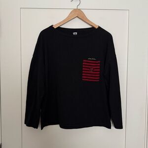 Uniqlo UT Lisa Larson Lion T-Shirt Womens L Black Red Striped Pocket Rare